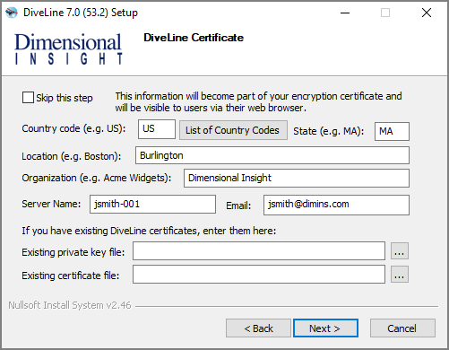 The DiveLine Certificate window.